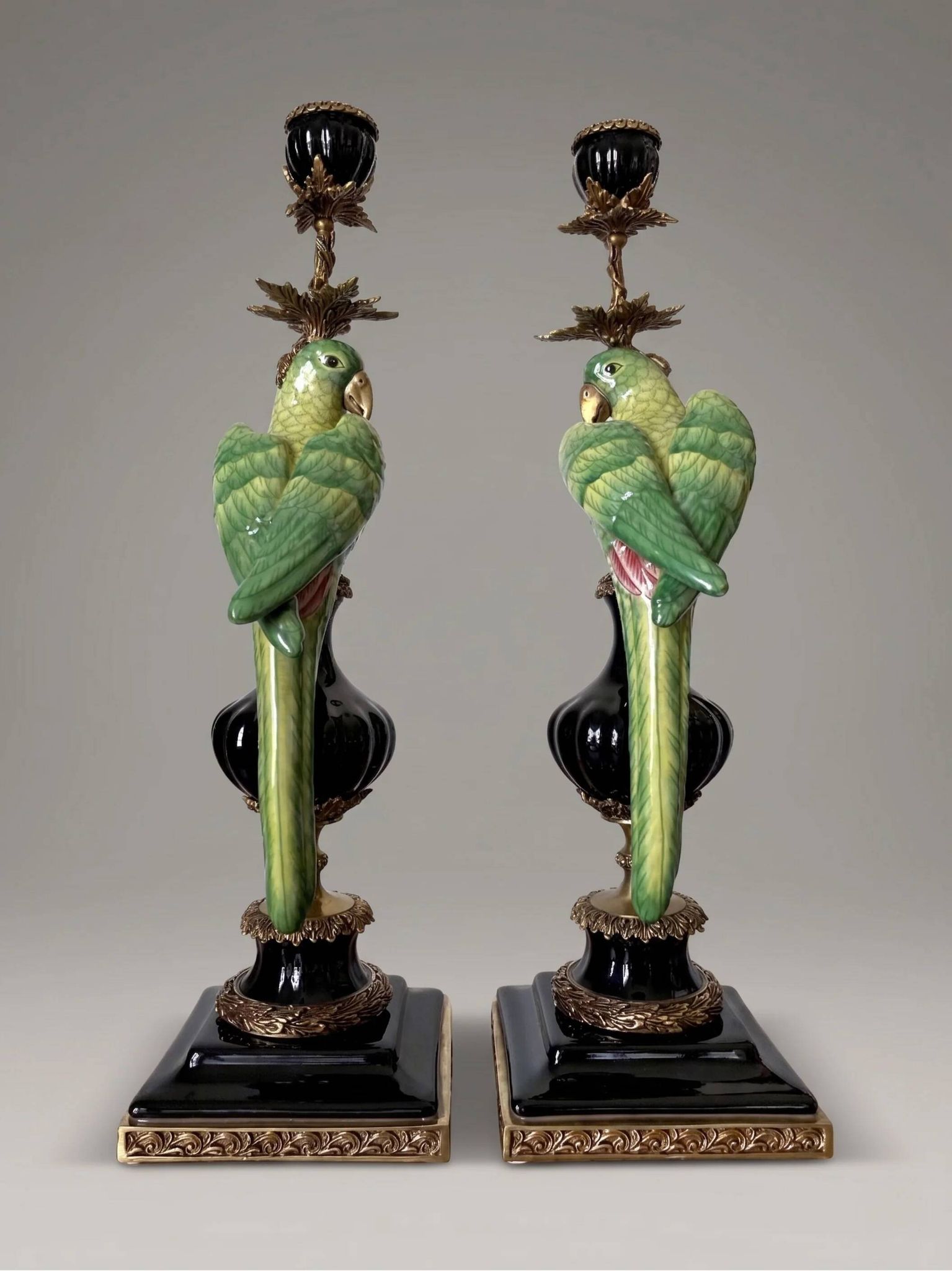 Pair of parrot candlesticks in porcelain and gilded bronze – Louis XVI style – 47 cm