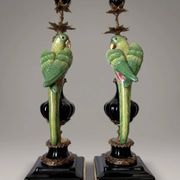 Pair of parrot candlesticks in porcelain and gilded bronze – Louis XVI style – 47 cm