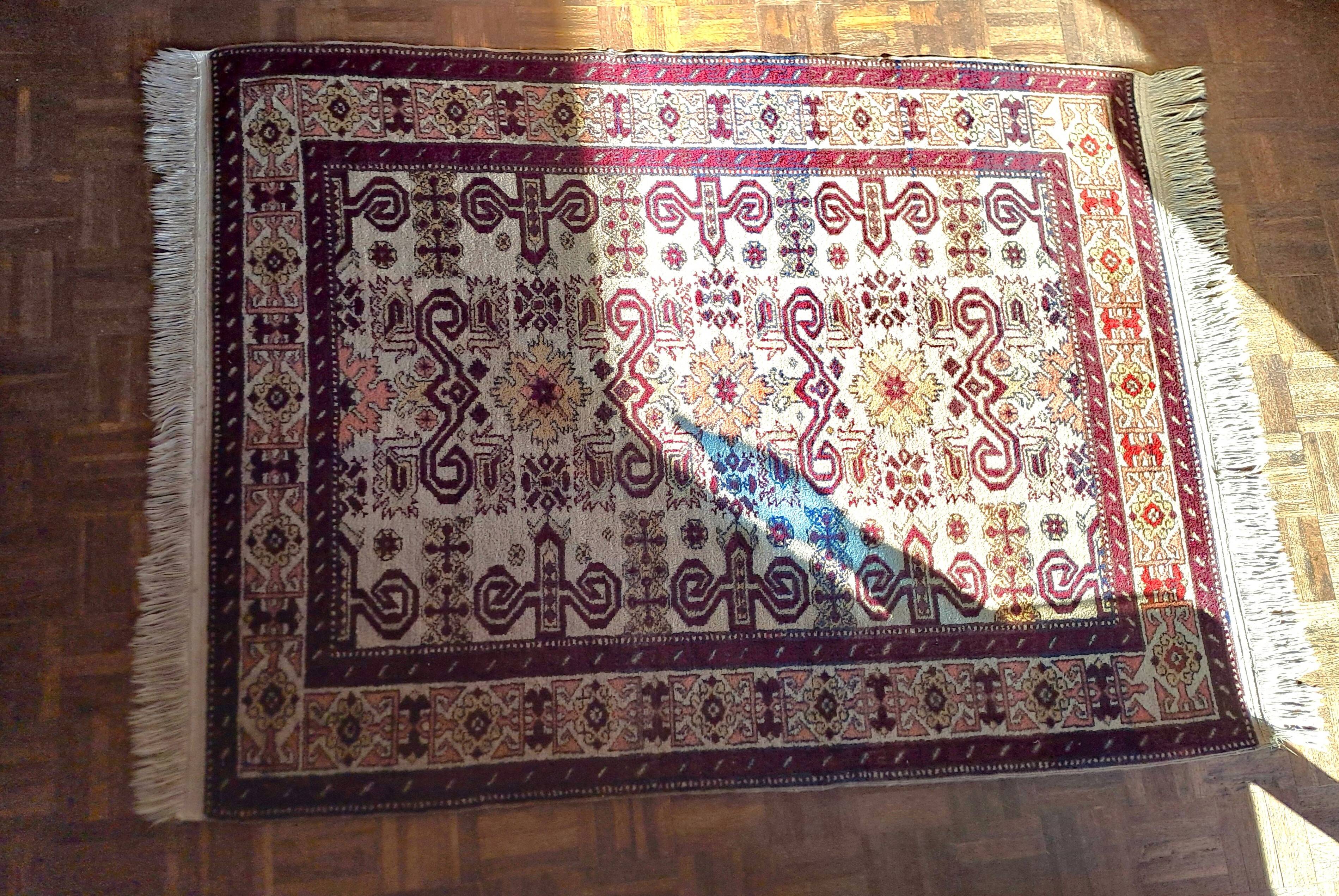 Shirvan urss oriental rug wool handmade rectangular 1940 burgundy and ecru with fringes 100% wool