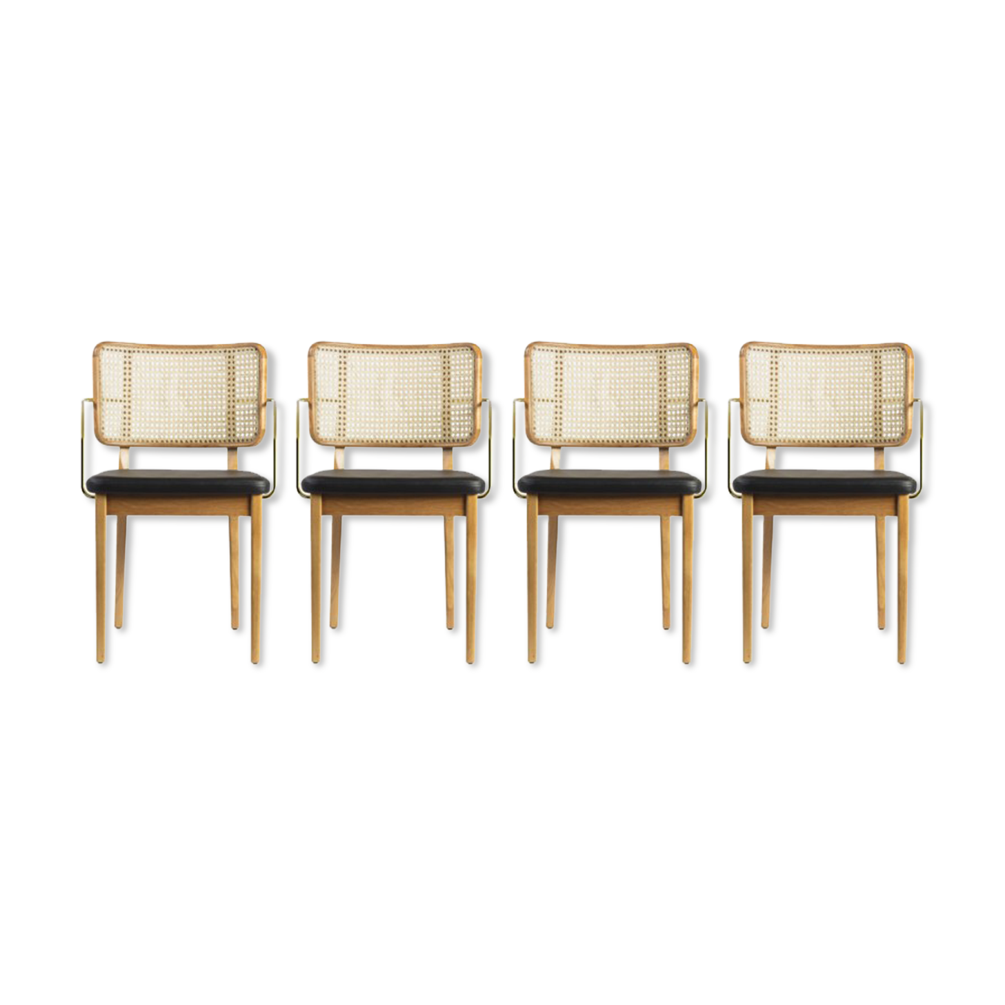 4 light wood canning chairs with black leather armrests