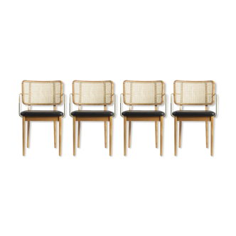 Lot de 4 chaises cannage bois clair avec accoudoirs cuir noir