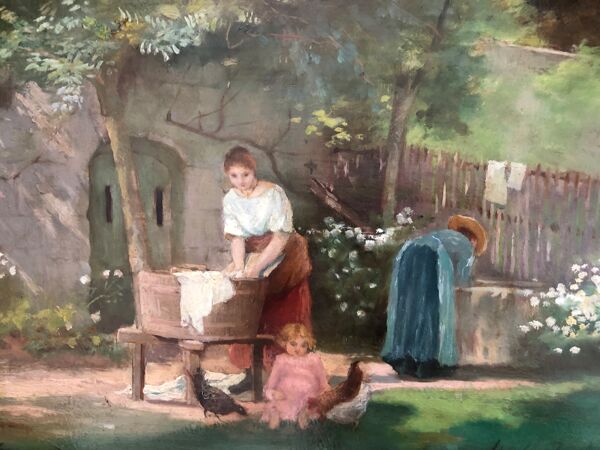 Tableau : huile sur panneau représentant une lavandière