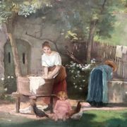 Tableau : huile sur panneau représentant une lavandière