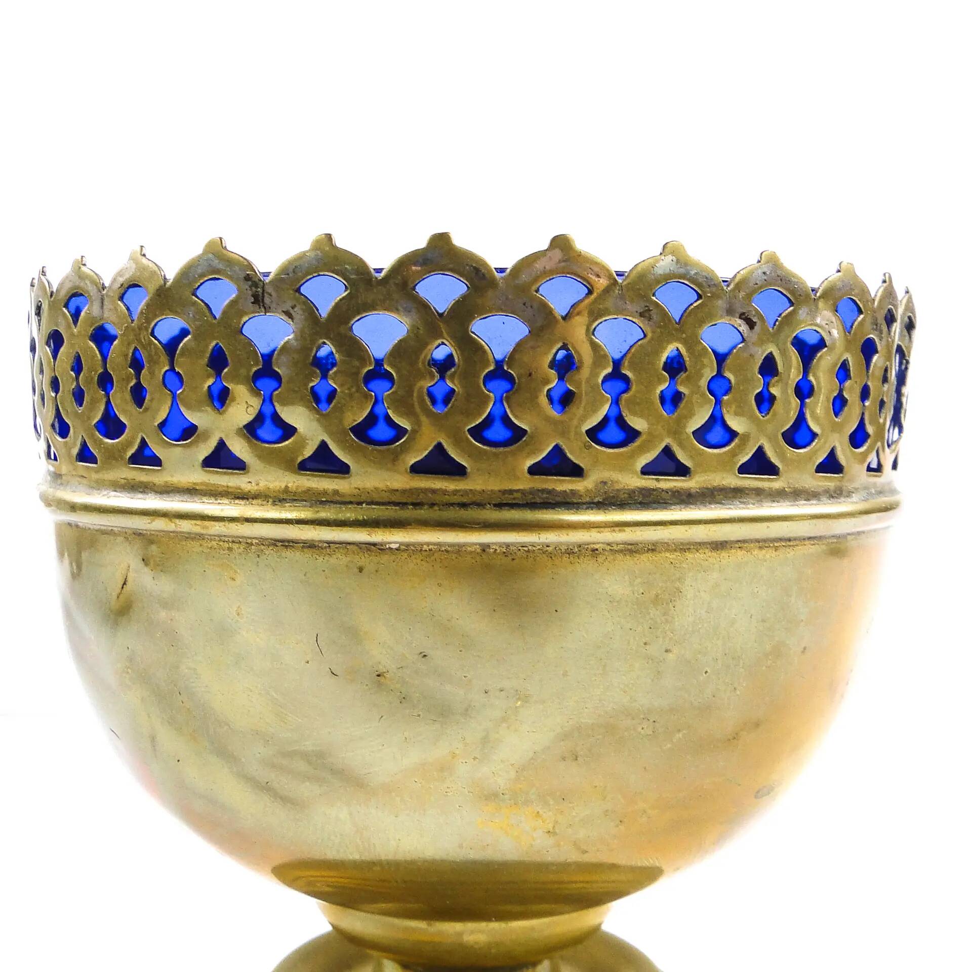 Art Nouveau sugar bowl, brass, cobalt glass, Sweden, early 20th century