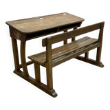 Early 20th century oak school desk with porcelain inkwells