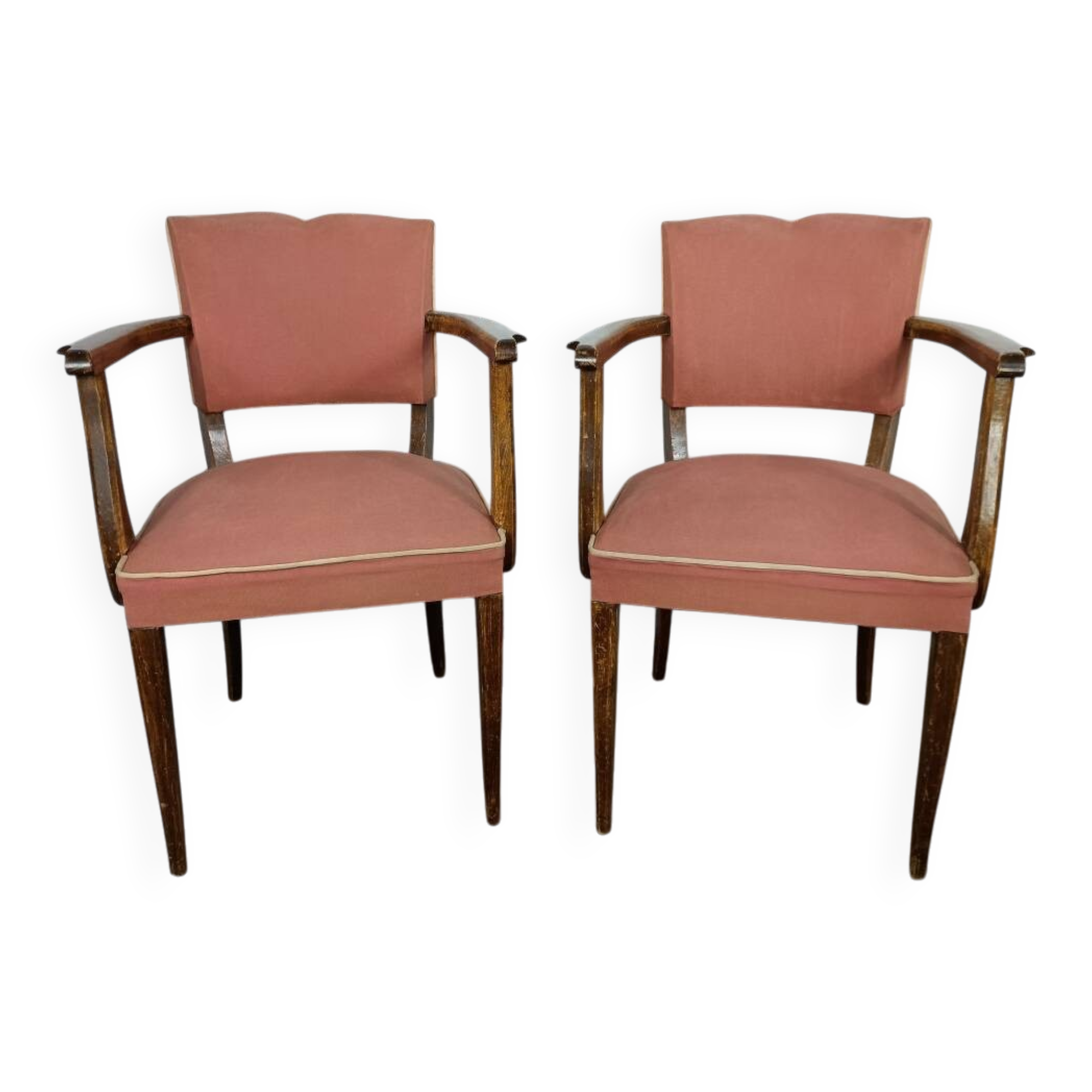 2 pale pink 50s moustache bridge armchairs