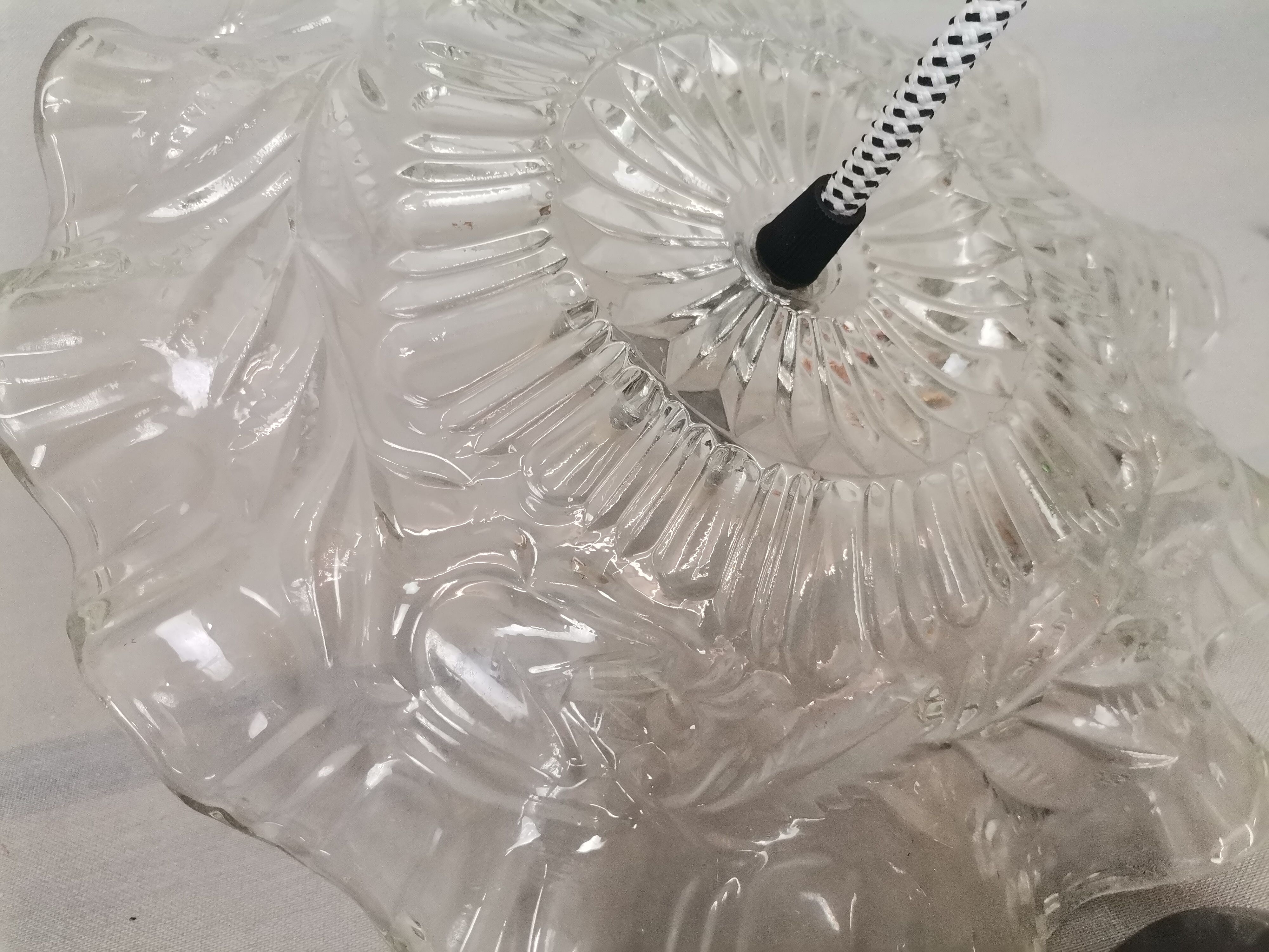 Portuguese farmhouse mid century clear floral glass dish pendant lamp 1960s