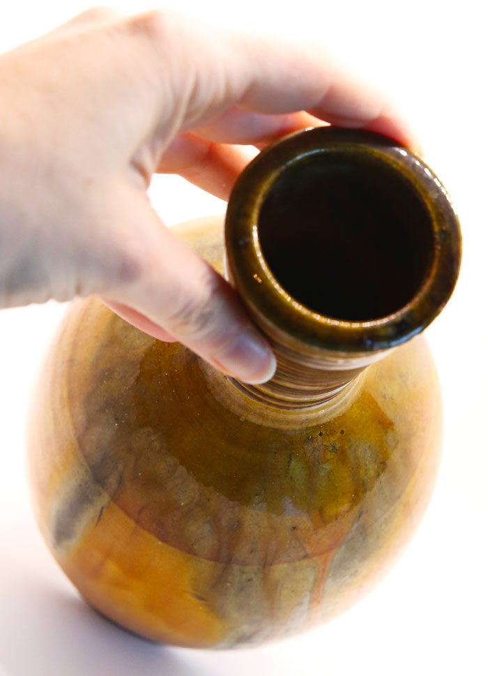 Saffron yellow enamelled earthenware vase with khaki green glazes from Meyssac, Corrèze