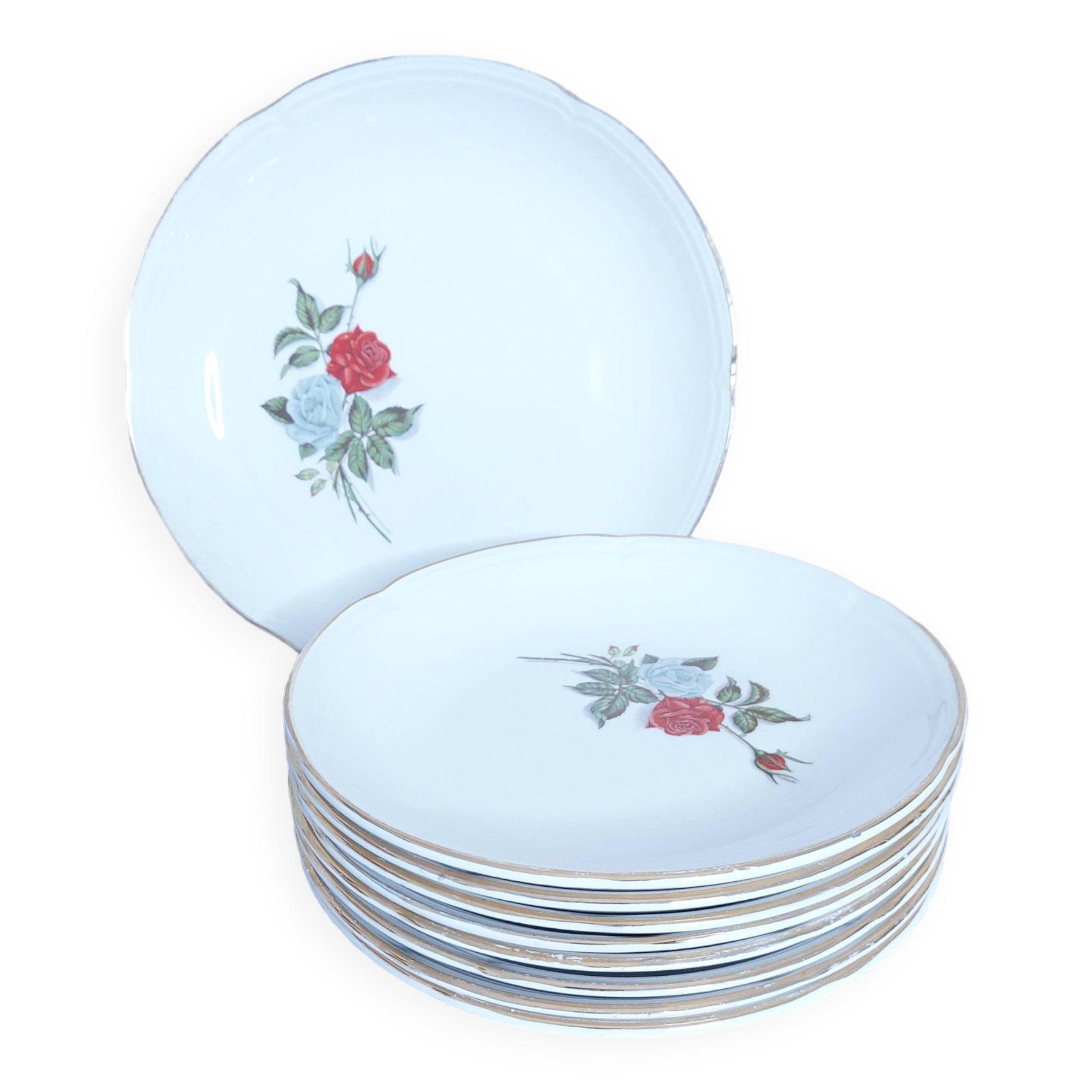 8 dessert plates and serving dish Moulin des loups pink pattern