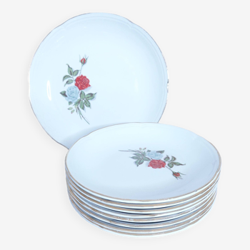 8 assiettes à dessert et plat de service moulin des loups motif rose