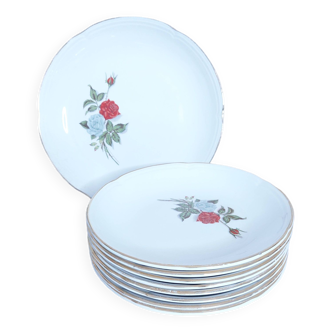 8 assiettes à dessert et plat de service moulin des loups motif rose