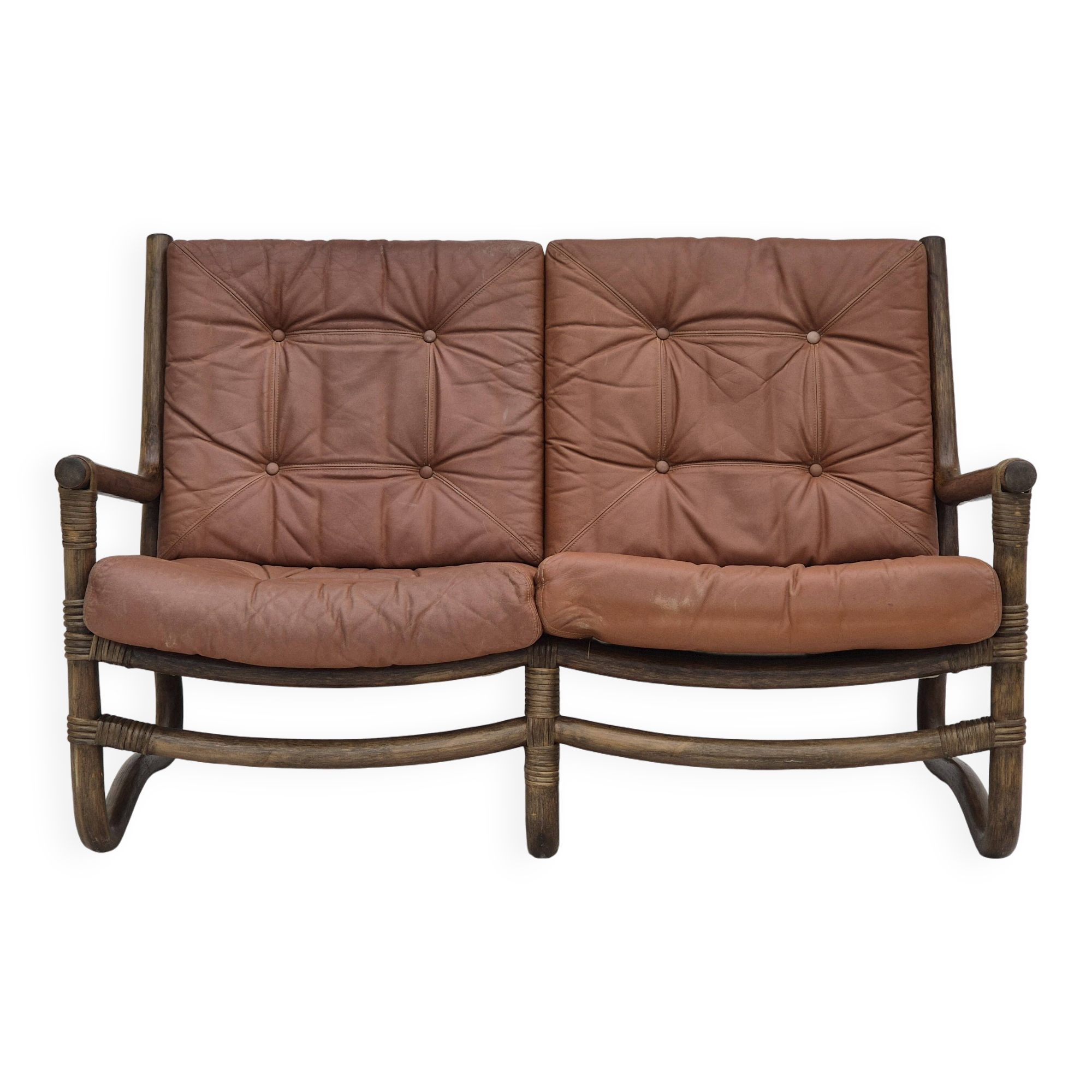 1970s, Scandinavian 2 seater sofa, original very good condition, bamboo, leather.
