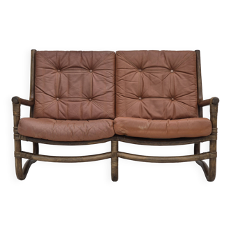 1970s, Scandinavian 2 seater sofa, original very good condition, bamboo, leather.