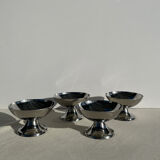 Set of 4 metal glasses / vintage stainless steel ice cream cups on a stand.