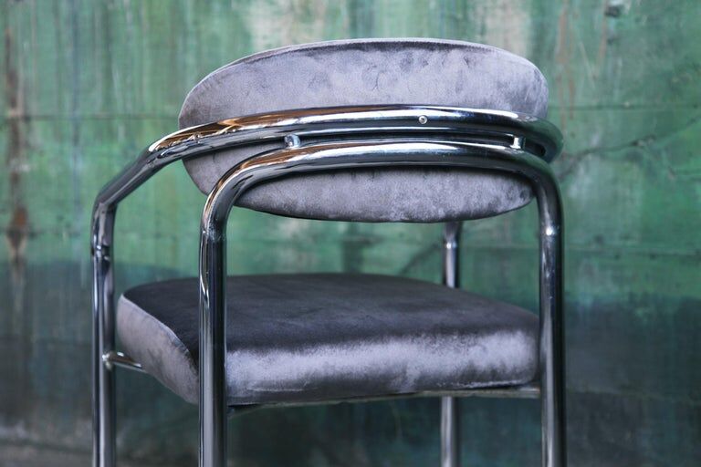 Postmodern chrome armchair grey velvet, casters