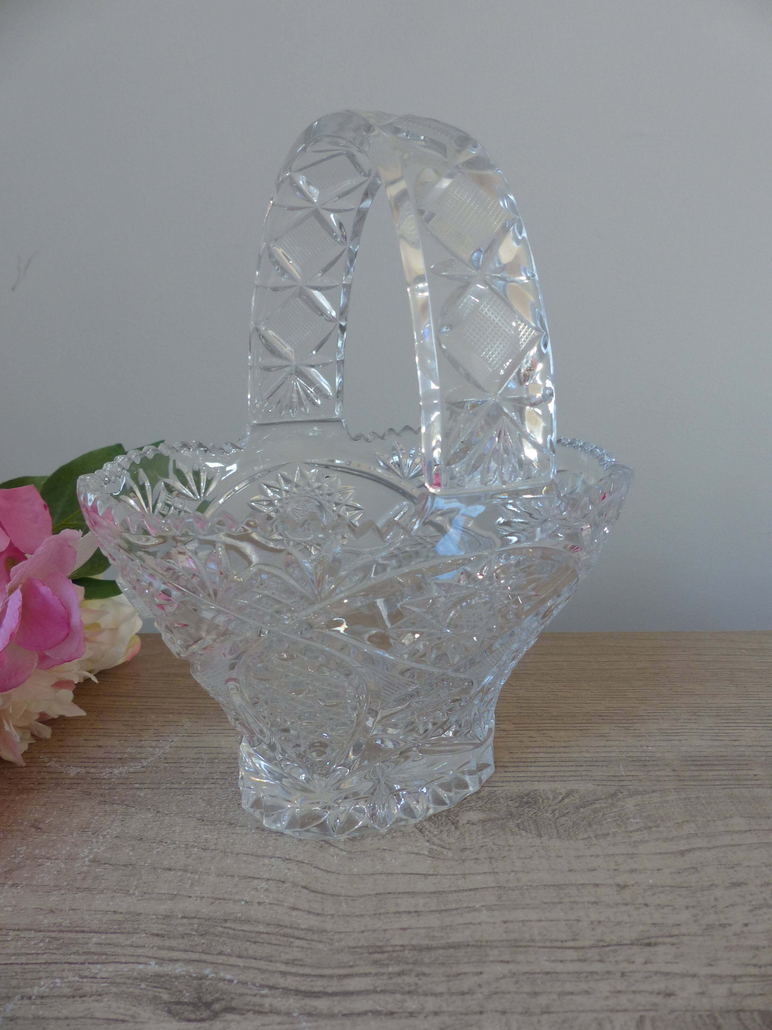 Vintage 1970s crystal basket – oval bowl with handle