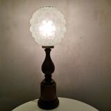 Mid century wooden and bubble glass table lamp 1970s