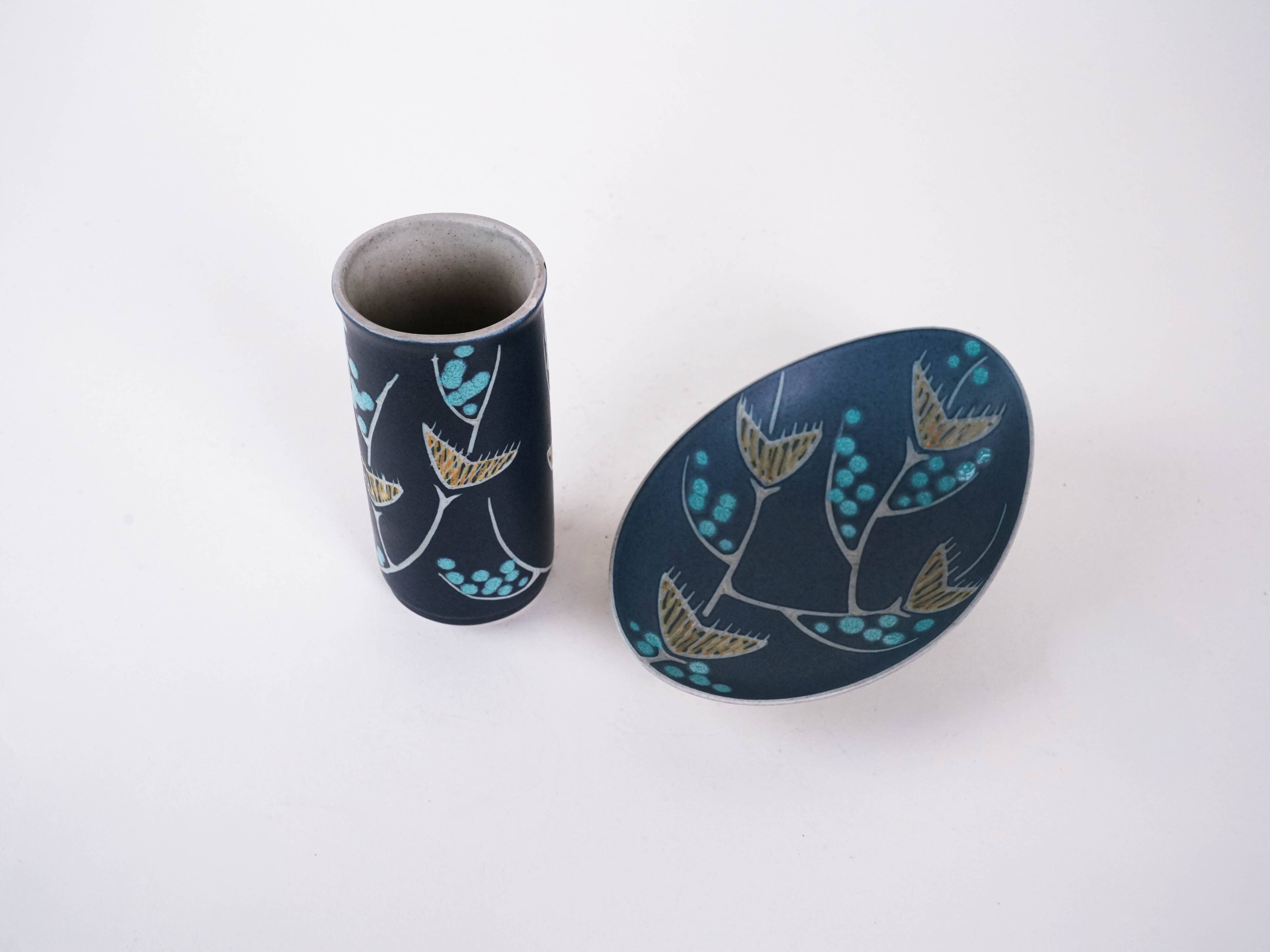 Ensemble de vase et plat en céramique, design danois, années 1970, designers : N. Backha