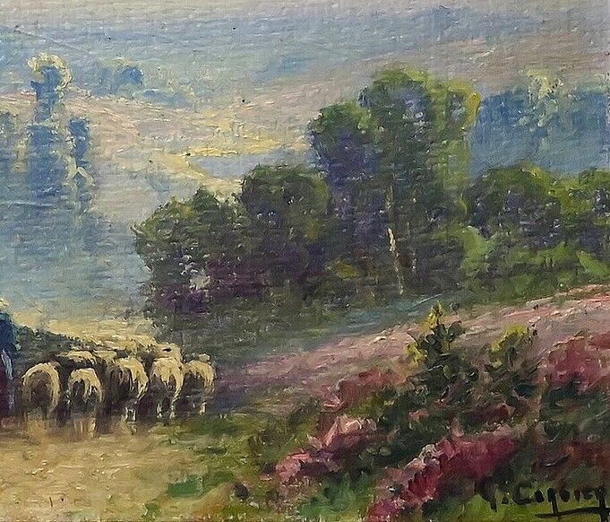 Painting "Shepherdess and her Flock", oil on panel signed G. Corbier – early 20th century