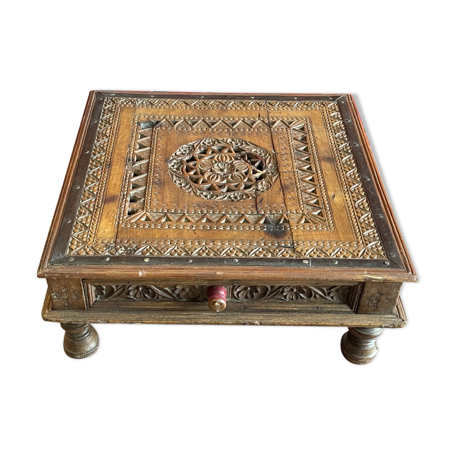 Solid teak wood coffee table carved by hand, India