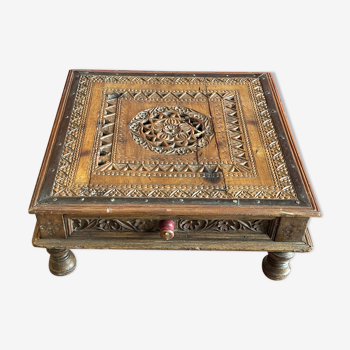 Solid teak wood coffee table carved by hand, India