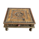 Solid teak wood coffee table carved by hand, India