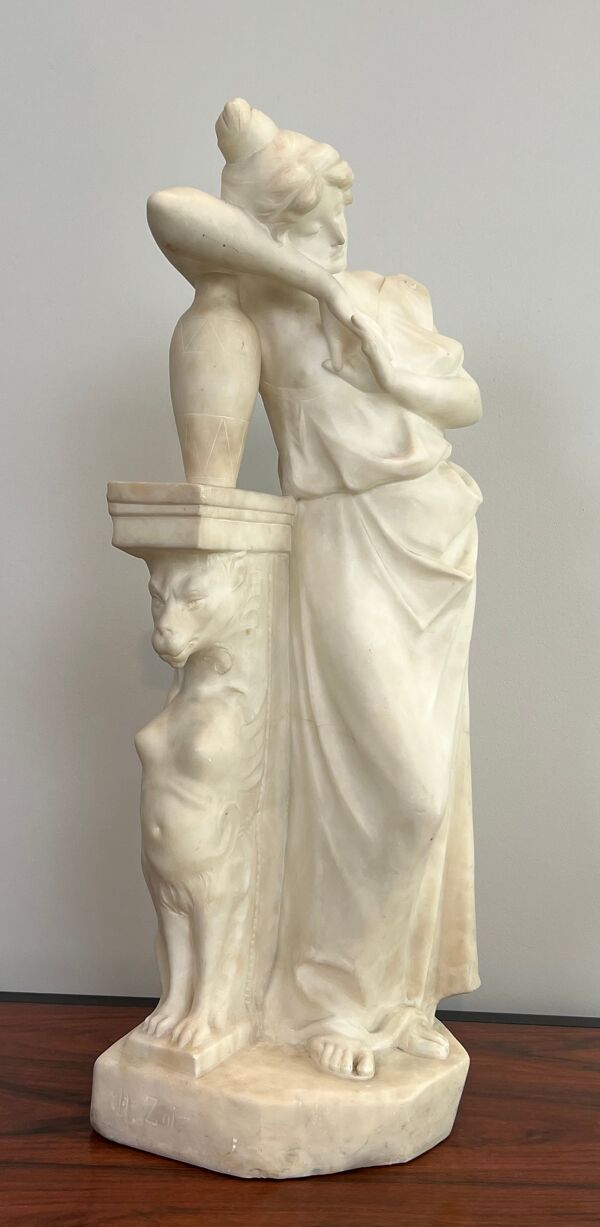 Sculpture en marbre de Carrare représentant une jeune fille romantique à la cruche signé Dante Zoi de Florence, Italie XIXème siècle