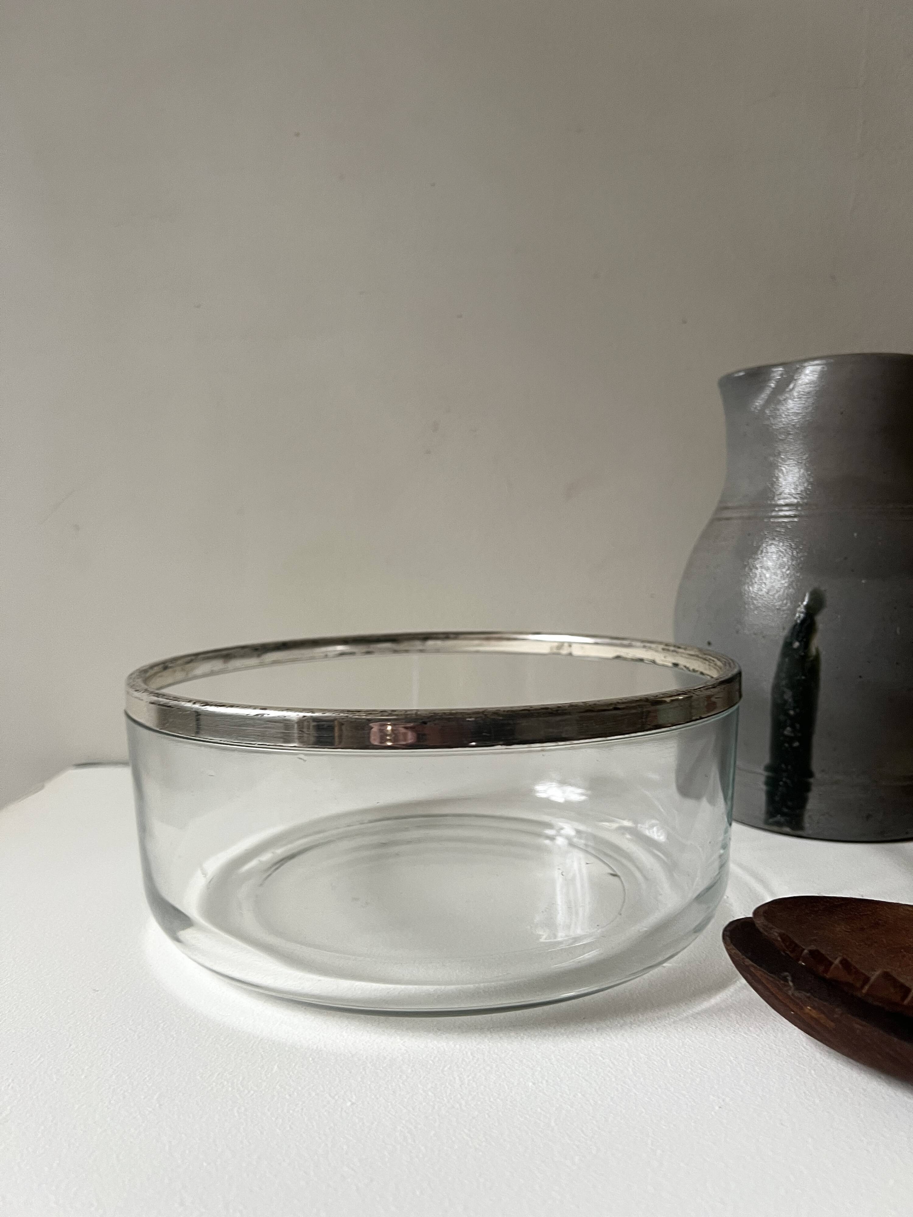Large glass salad bowl with chrome metal rim, Bormioli Rocco Italy 1970.