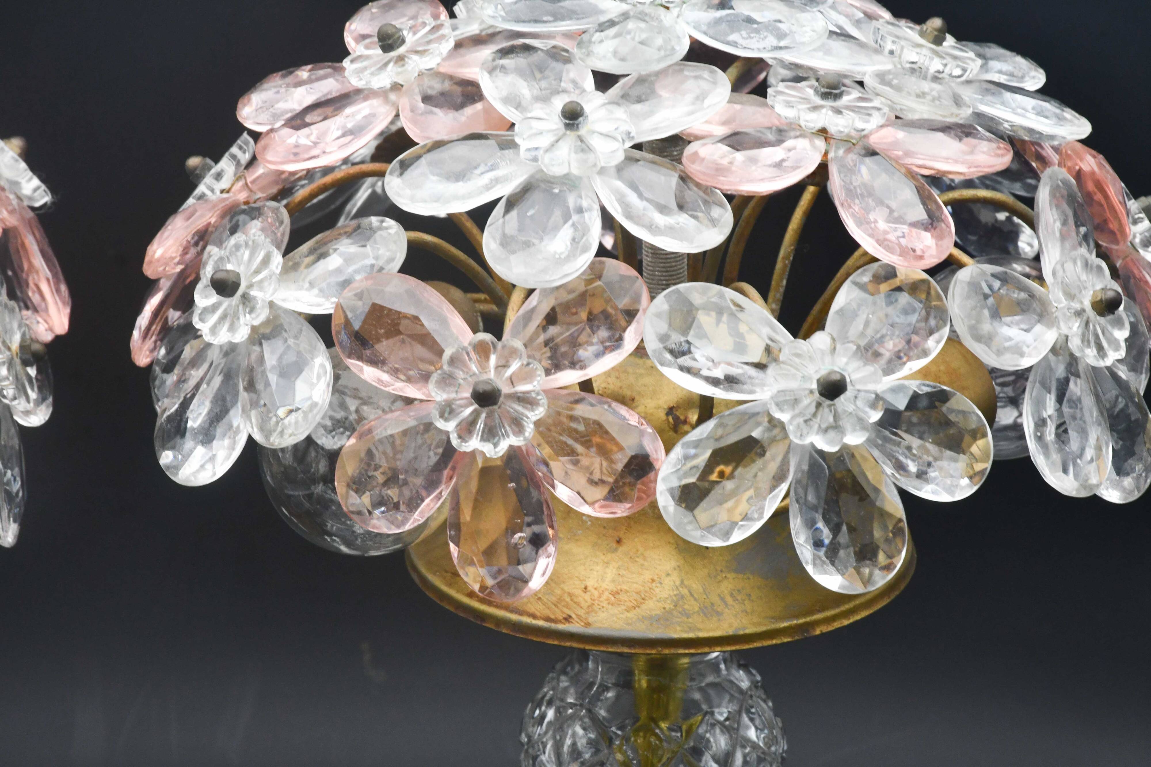 Set of 2 large table lamps with crystal glass flowers, pink and transparent, brass base, 1960