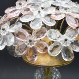 Set of 2 large table lamps with crystal glass flowers, pink and transparent, brass base, 1960