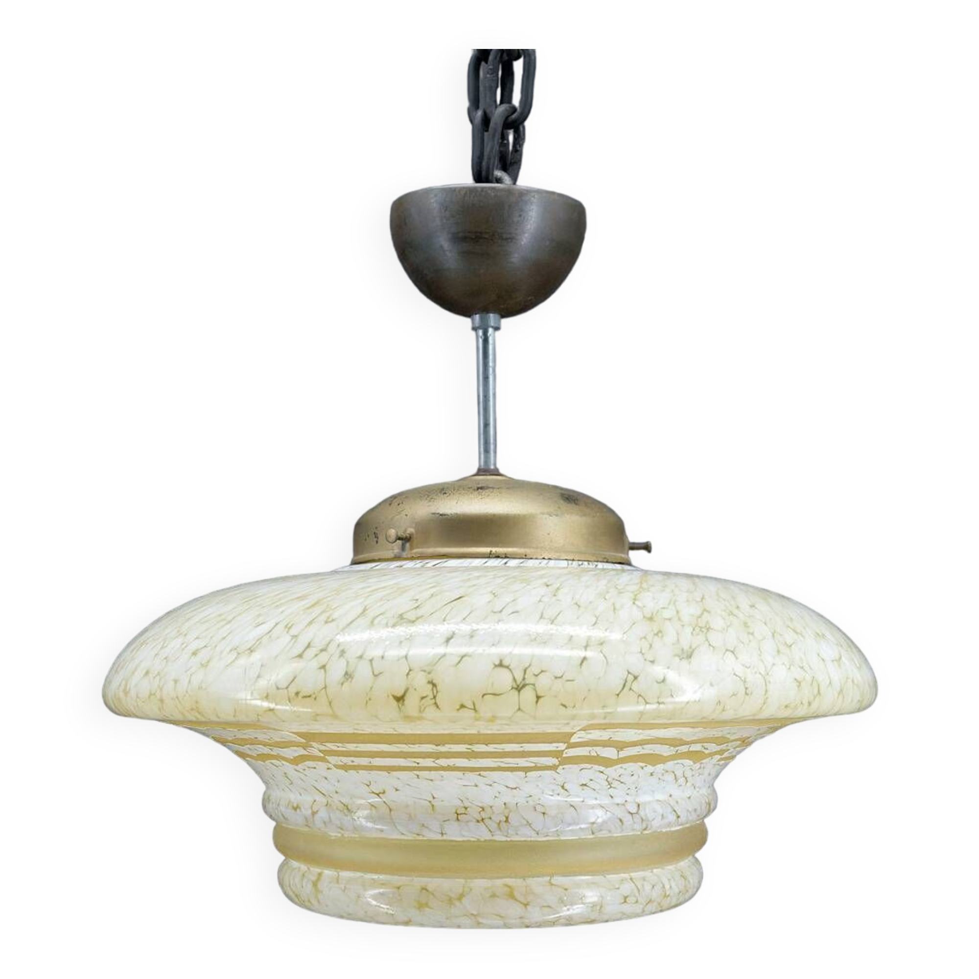 Modernist Art Deco pendant light in acid-etched “cloud” glass, France, Circa 1930