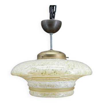 Suspension Art Déco moderniste en verre "nuagé" gravé à l'acide, France, Circa 1930