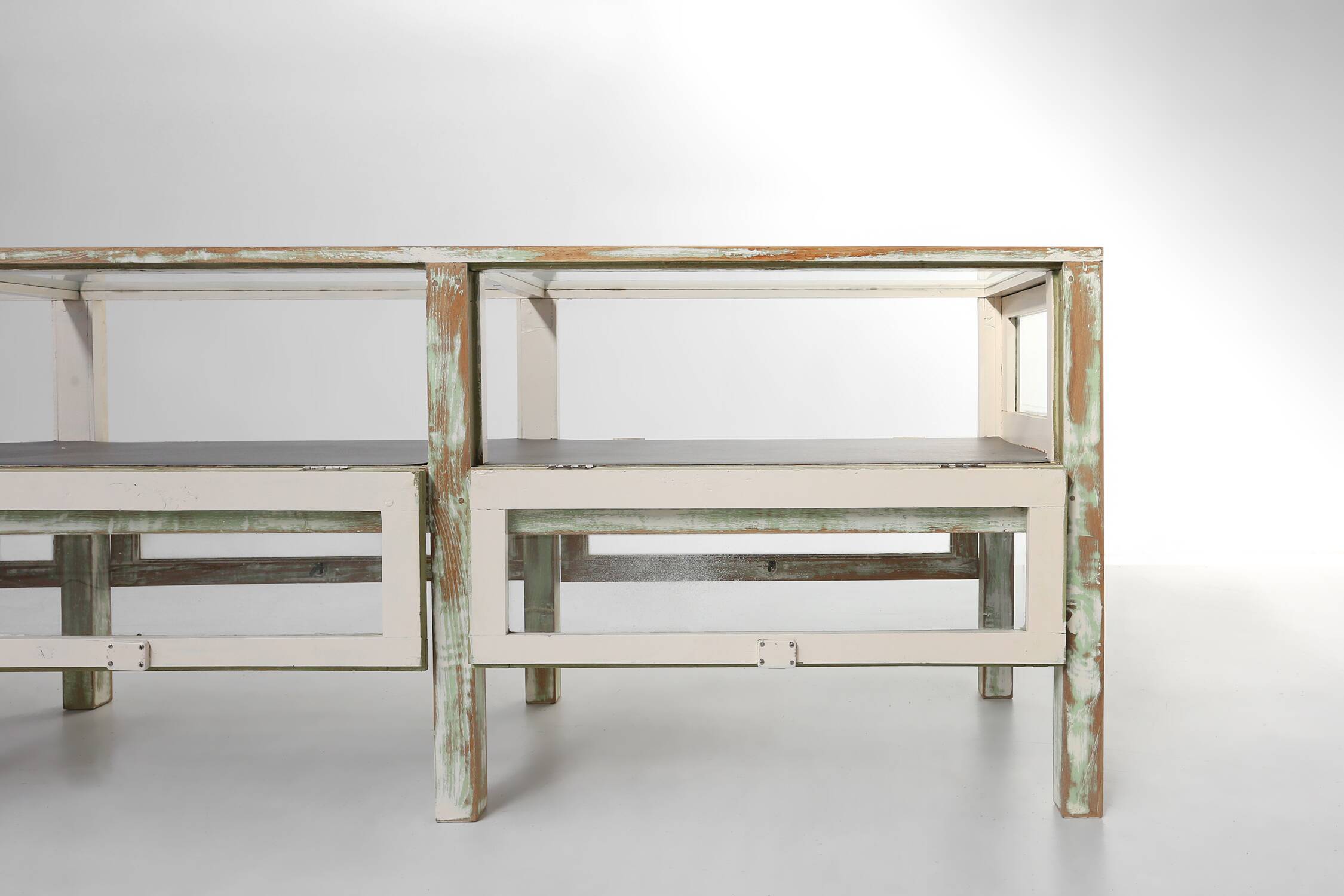 Beautiful patinated large rustic oak display case, France ca. 1900