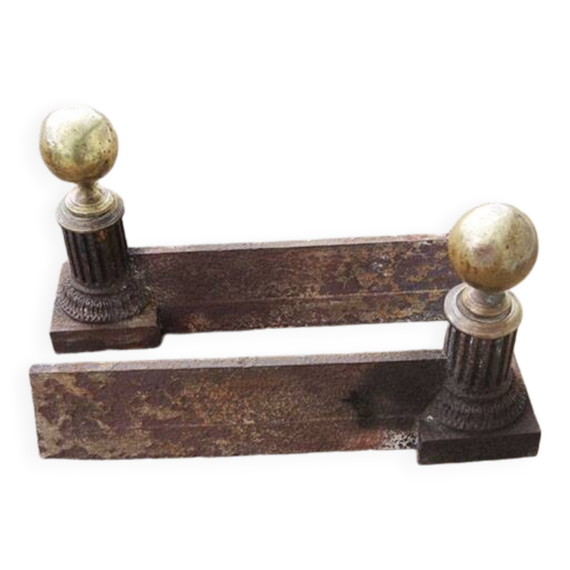 Antique neoclassical cast iron & brass fireplace andirons