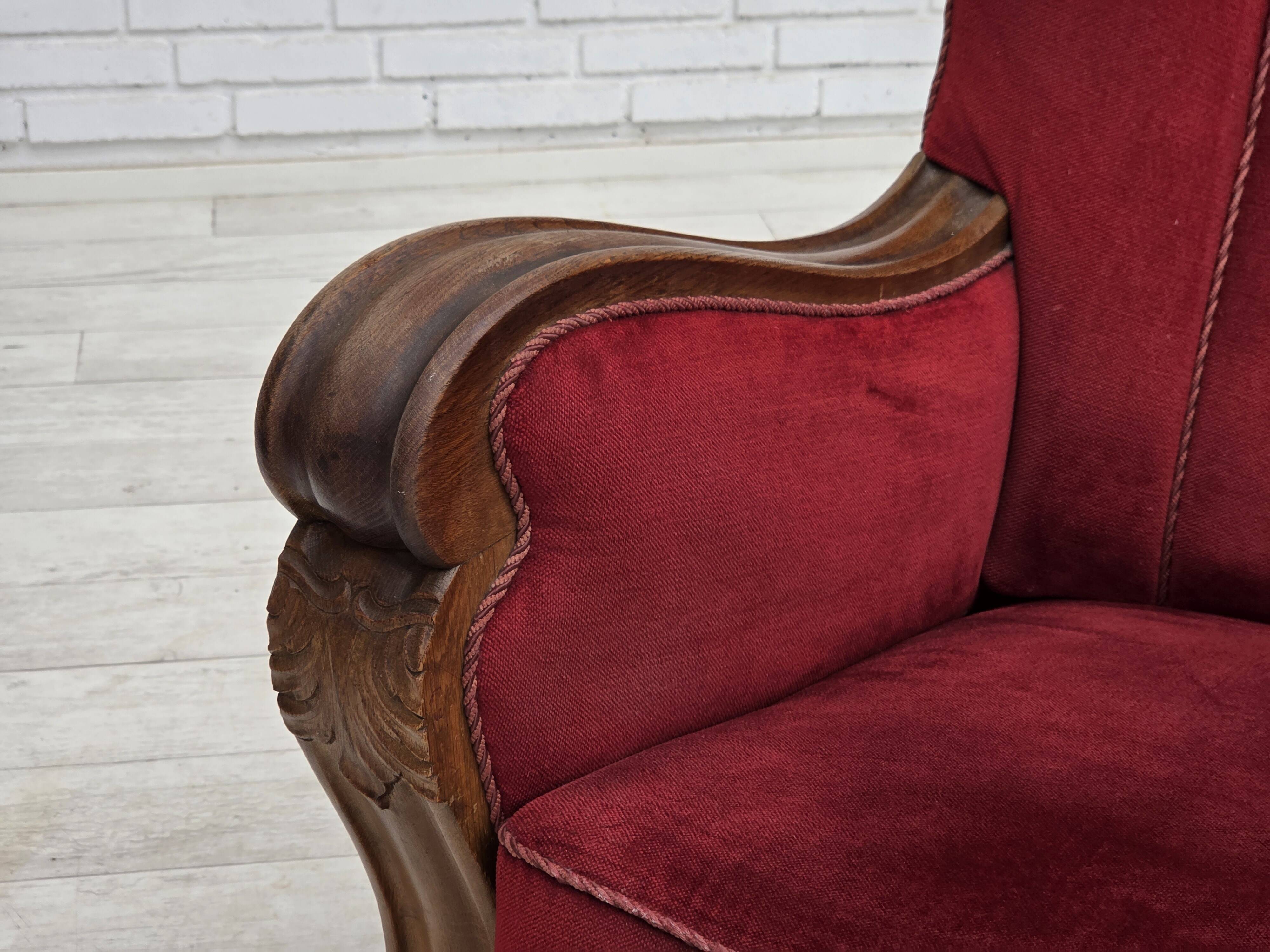 1950s, Danish relax armchair, furniture velour, carved oak wood.