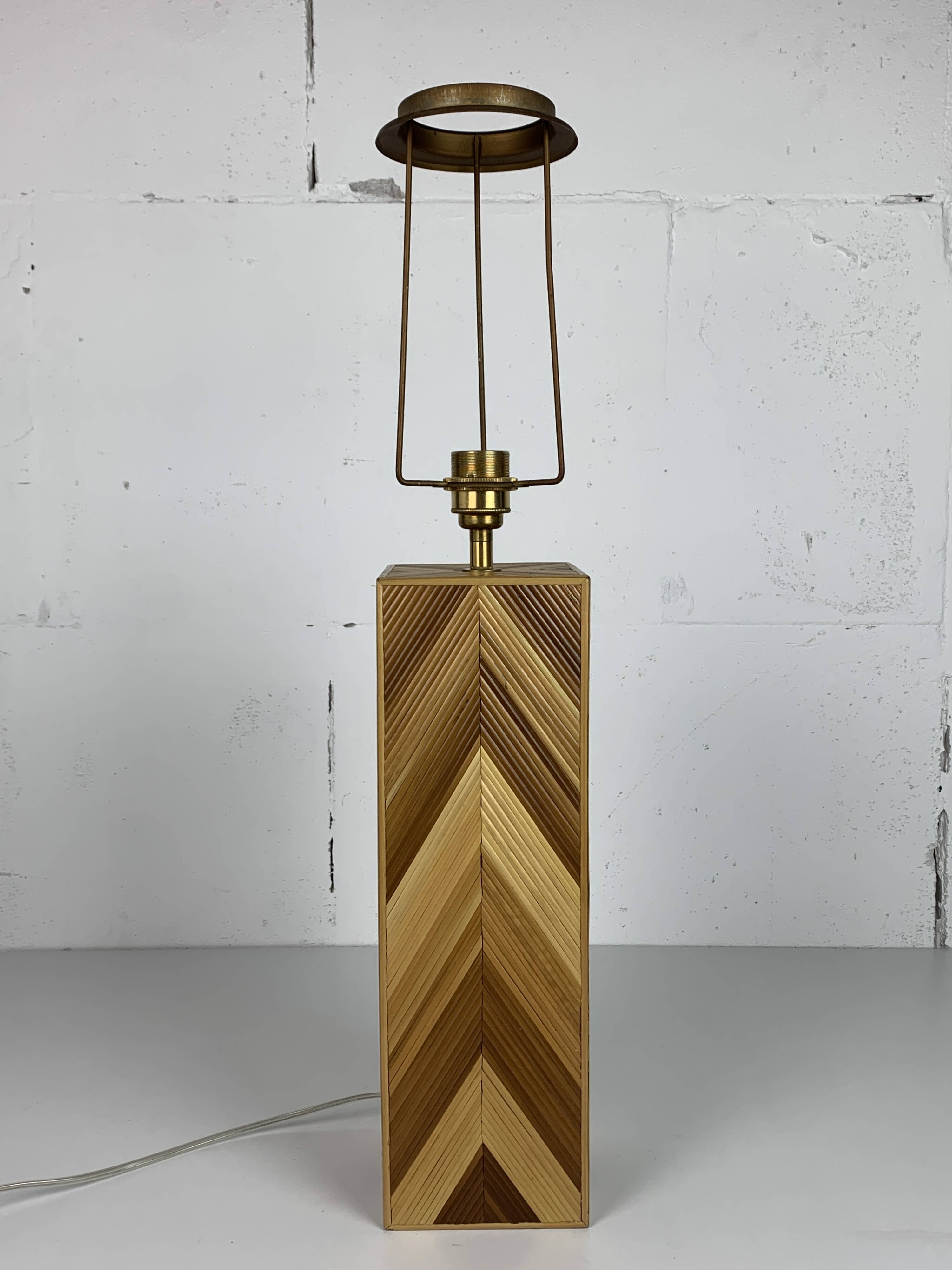 Midcentury pencil reed rattan bamboo and brass table lamp, 1970s