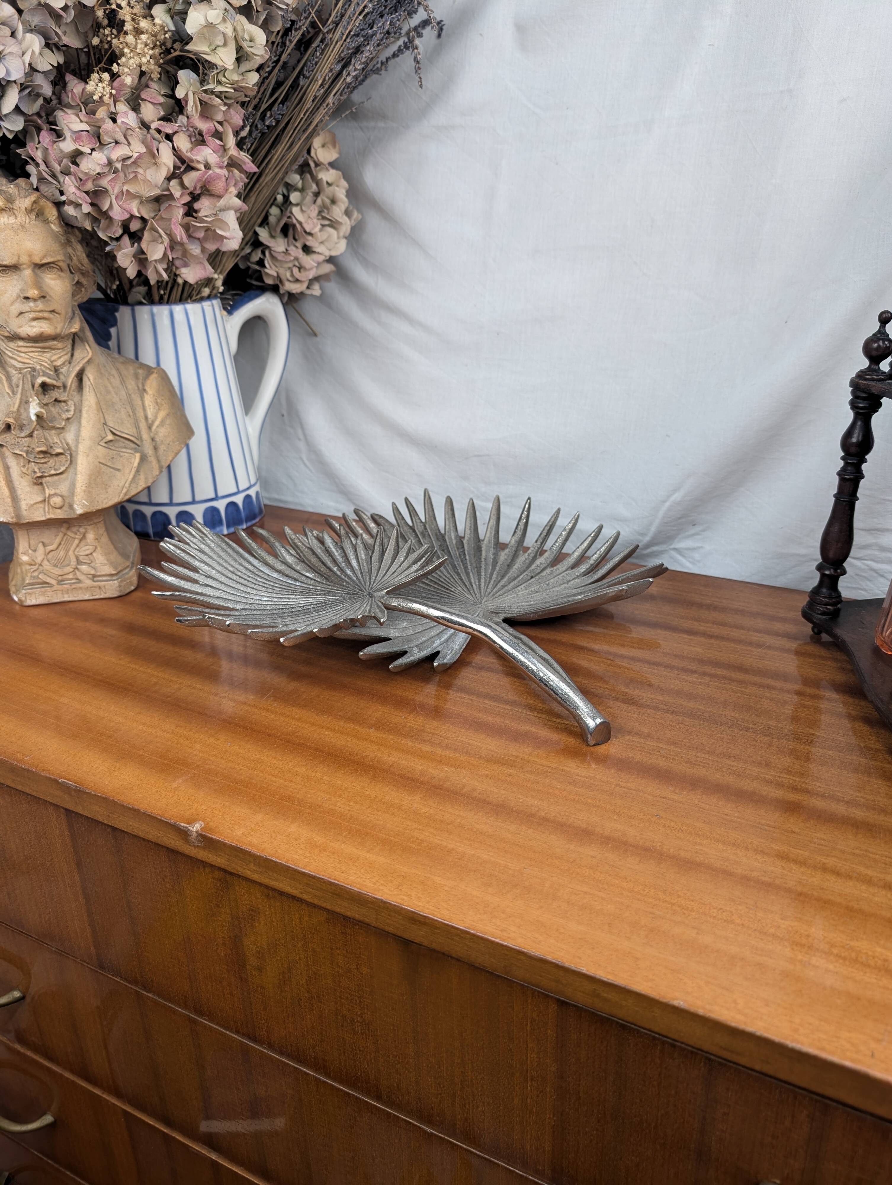 Vintage Two Tier Silver Metal Palm Leaf Fruit Basket