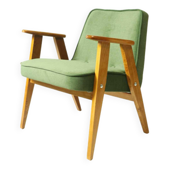 Originail Vintage Armchair  366 by J. Chierowski Green Grass Light Wood Armchair Scandinavian