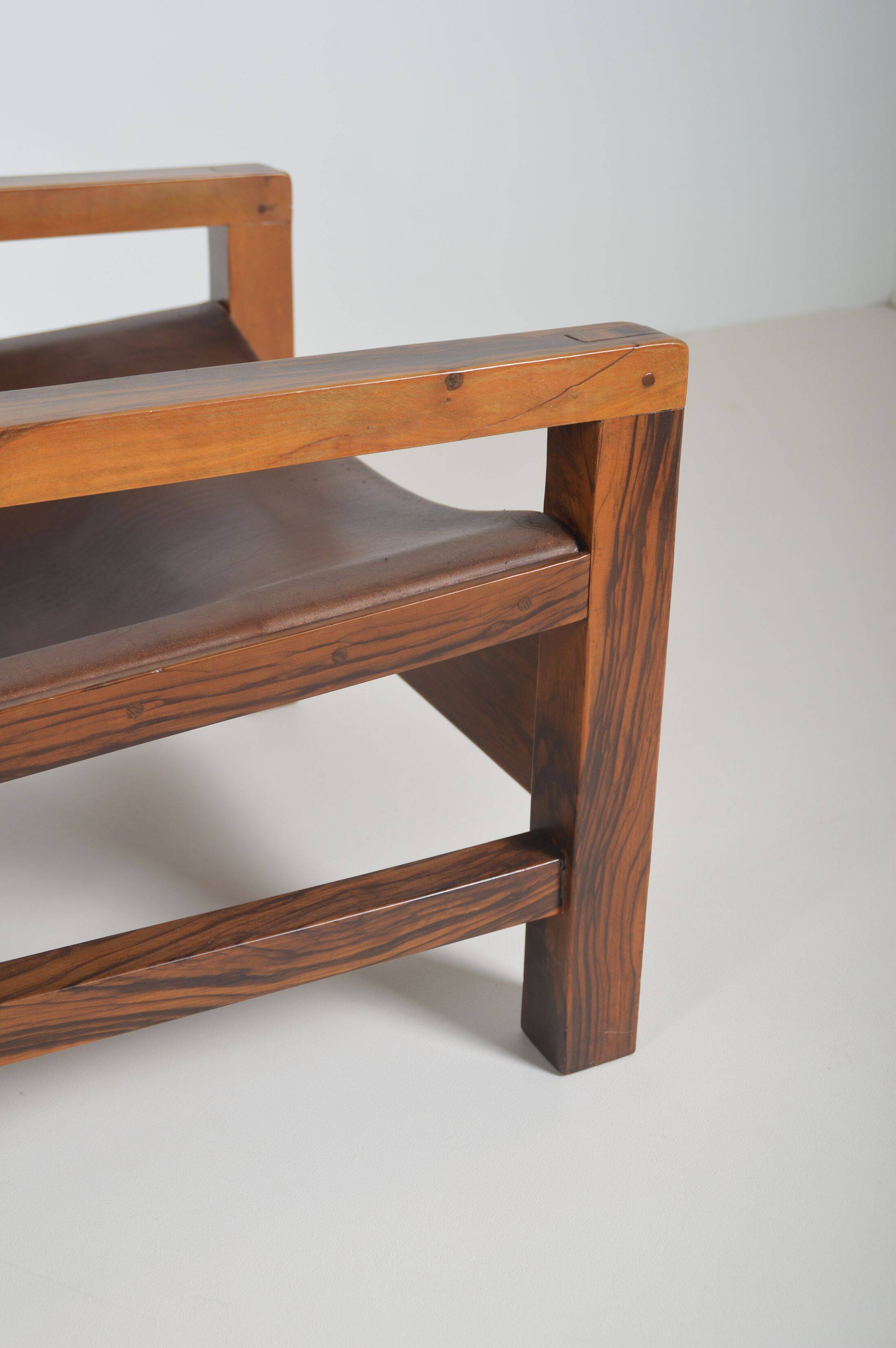 Set of French armchairs in olive wood with saddle leather, 1970s