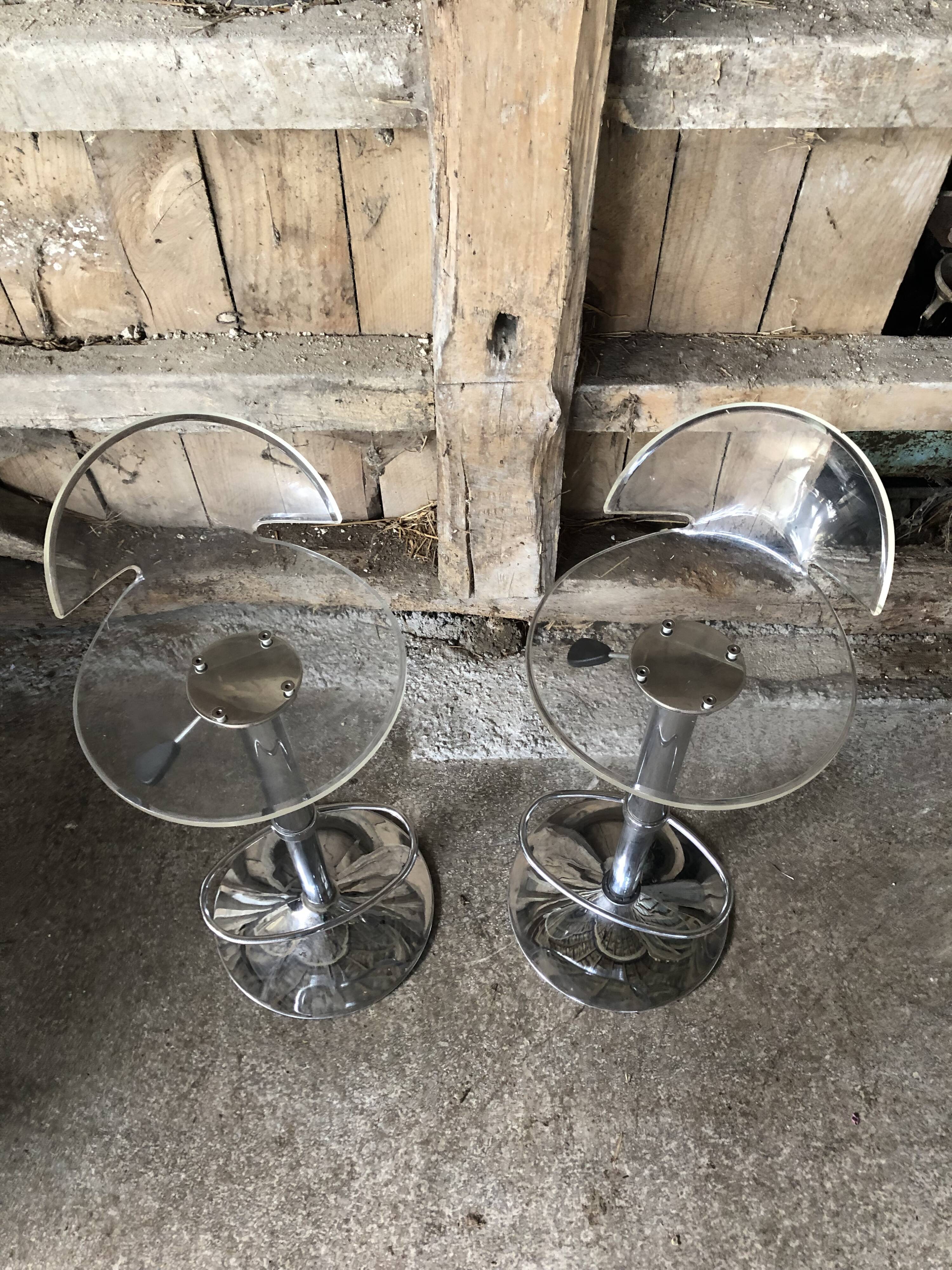 Pair Stool Foot Bar Tulip Metal Chrome + Seat Plexi Transparent Vintage