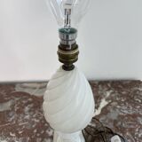 Alabaster lamp, twisted, gadroon decoration, gilded brass base, dolphins