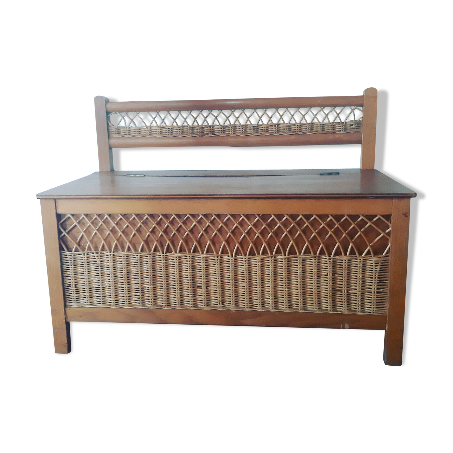 Vintage wooden and wicker bench and storage chest