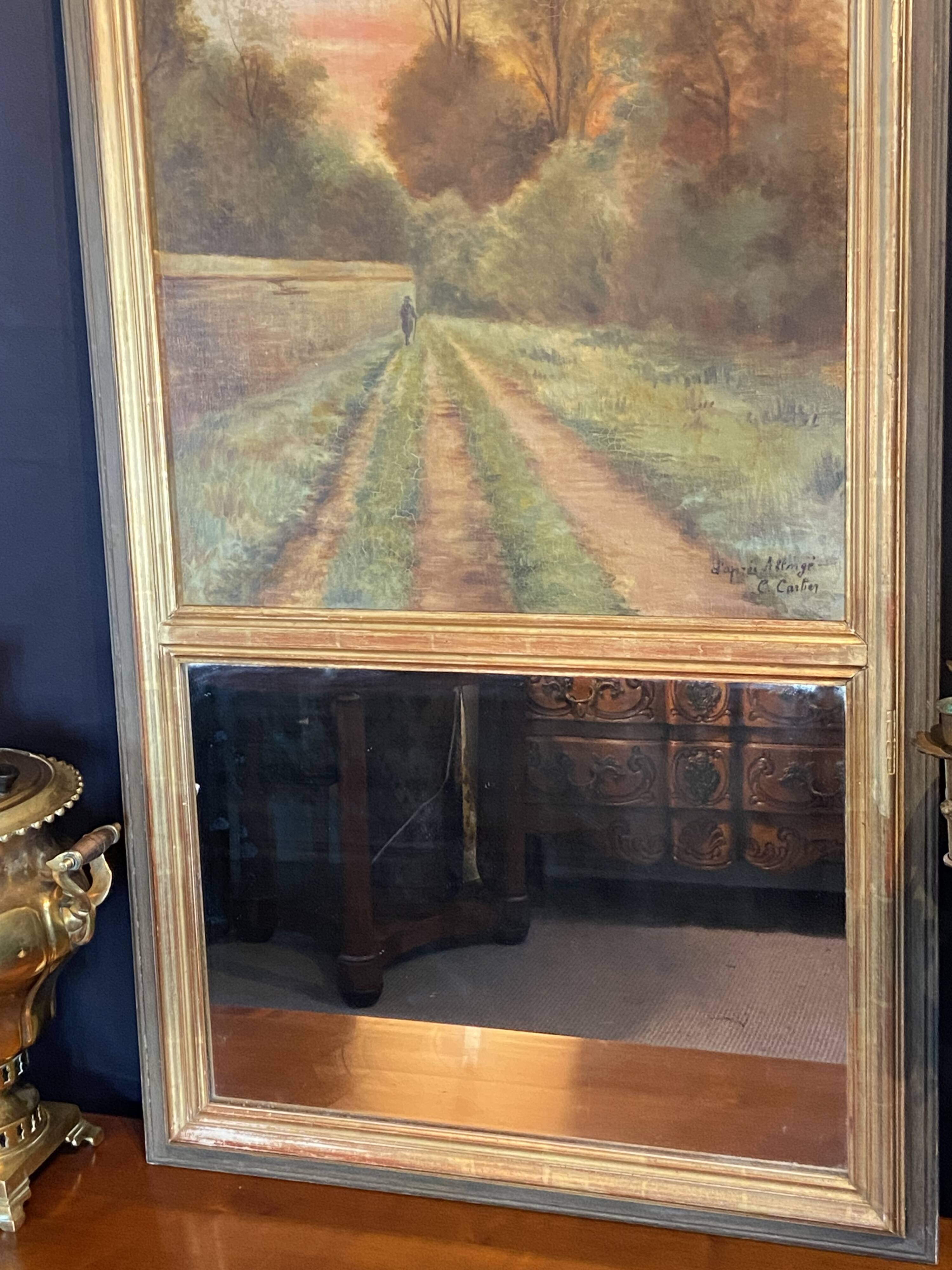 Late 19th century trumeau fireplace mirror painting signed Carlier country path