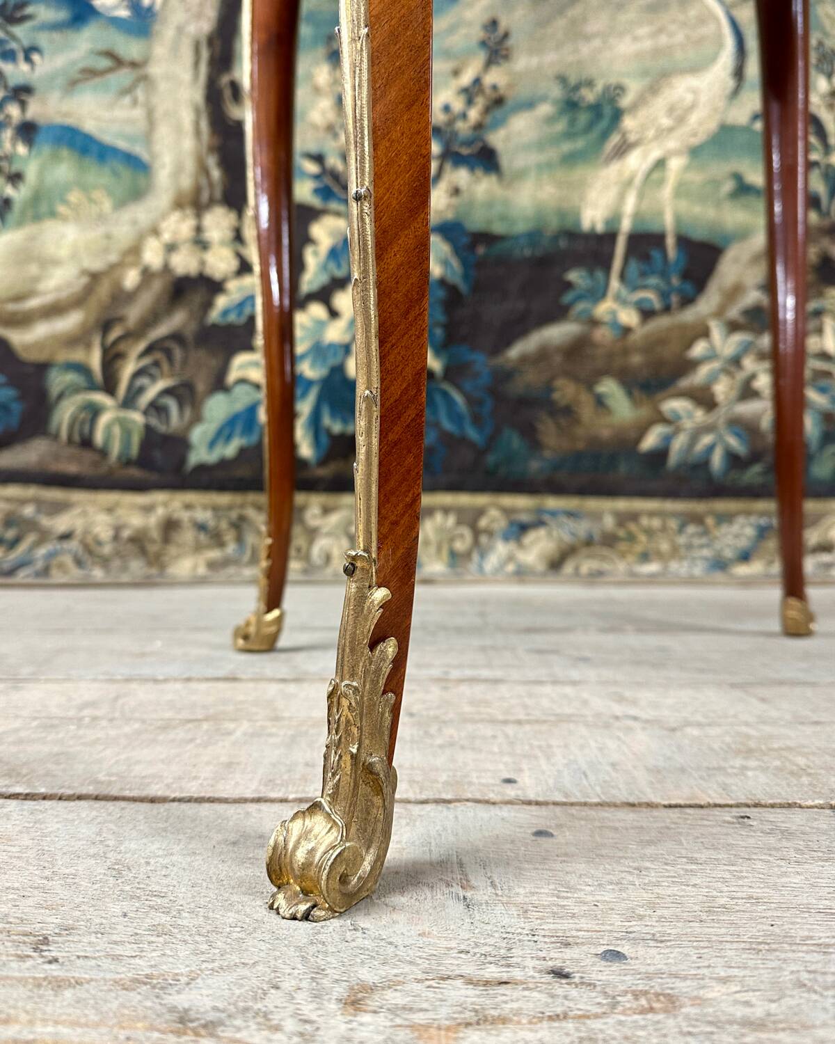 Pedestal table in marquetry and gilded bronzes, louis xv style, napoleon iii period