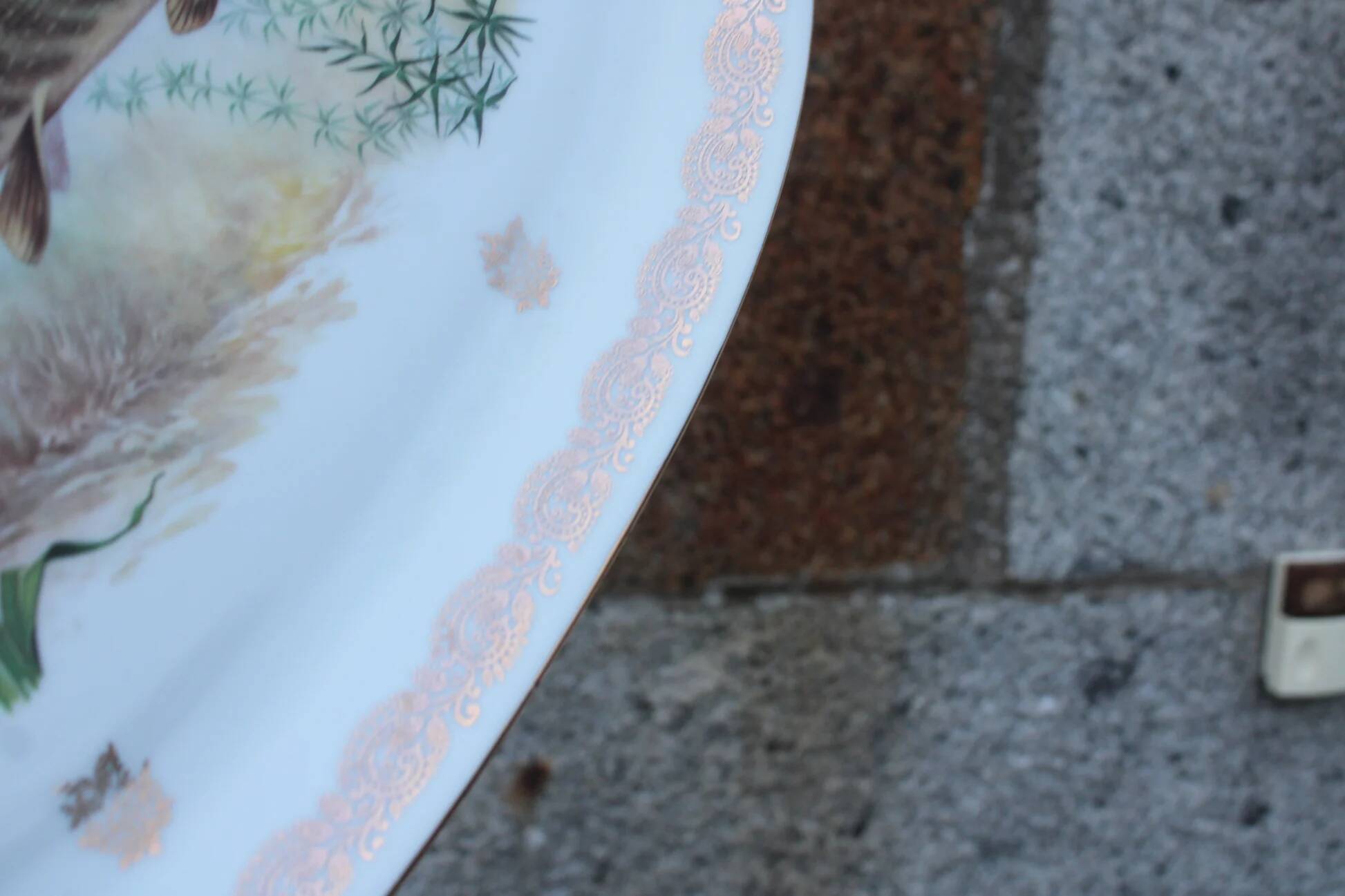 Large French porcelain dish L.C – Painted pike & gilded frieze