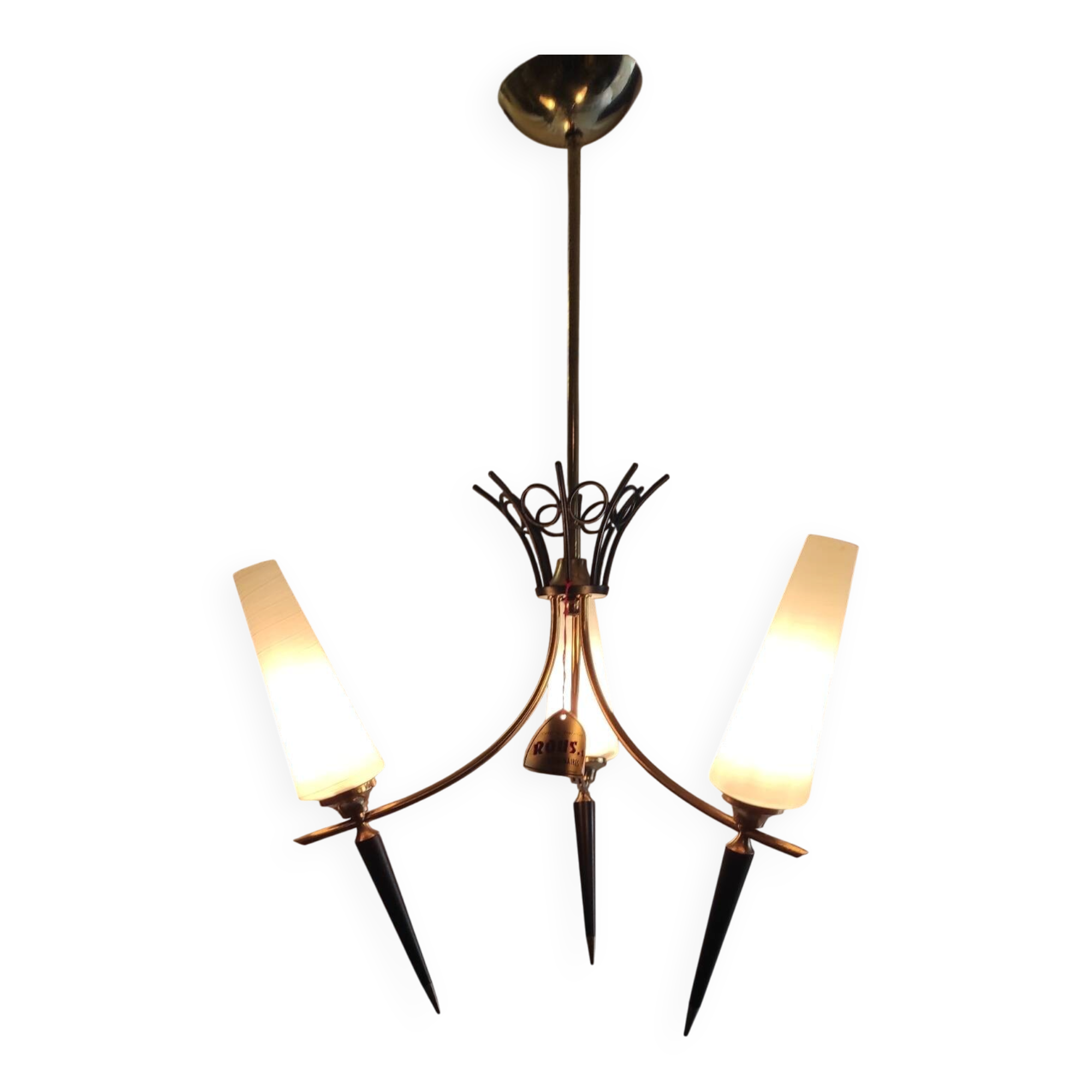 Modernist chandelier with 3 lights in gold and black metal, opaline tulip - 50s