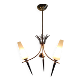 Modernist chandelier with 3 lights in gold and black metal, opaline tulip - 50s