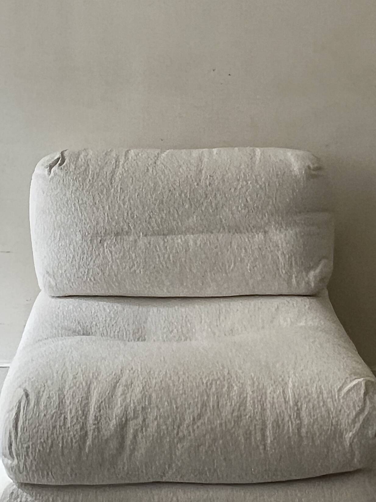 Italian off-white chenille armchair with a wooden base, 1970s design.