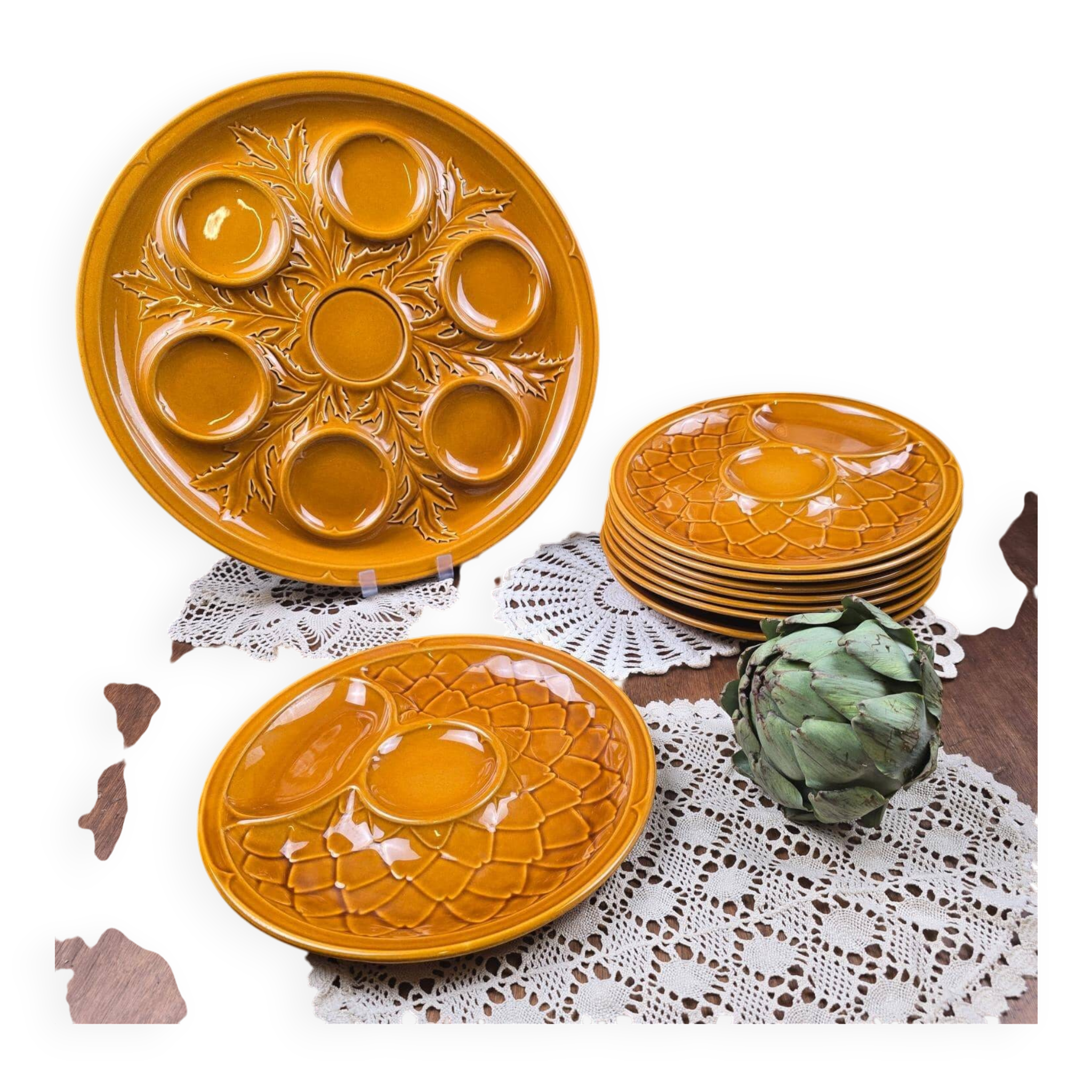 Artichoke service Salins France – 8 plates and serving dish barboti