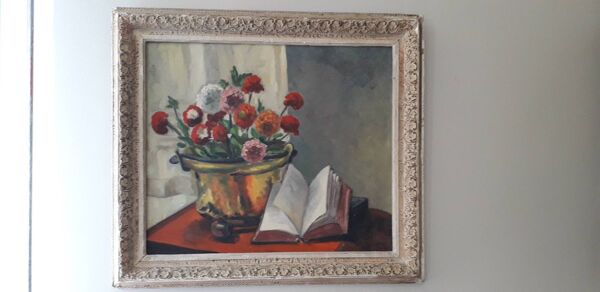 Tableau ancien à l'huile sur panneau bois représentant une nature morte